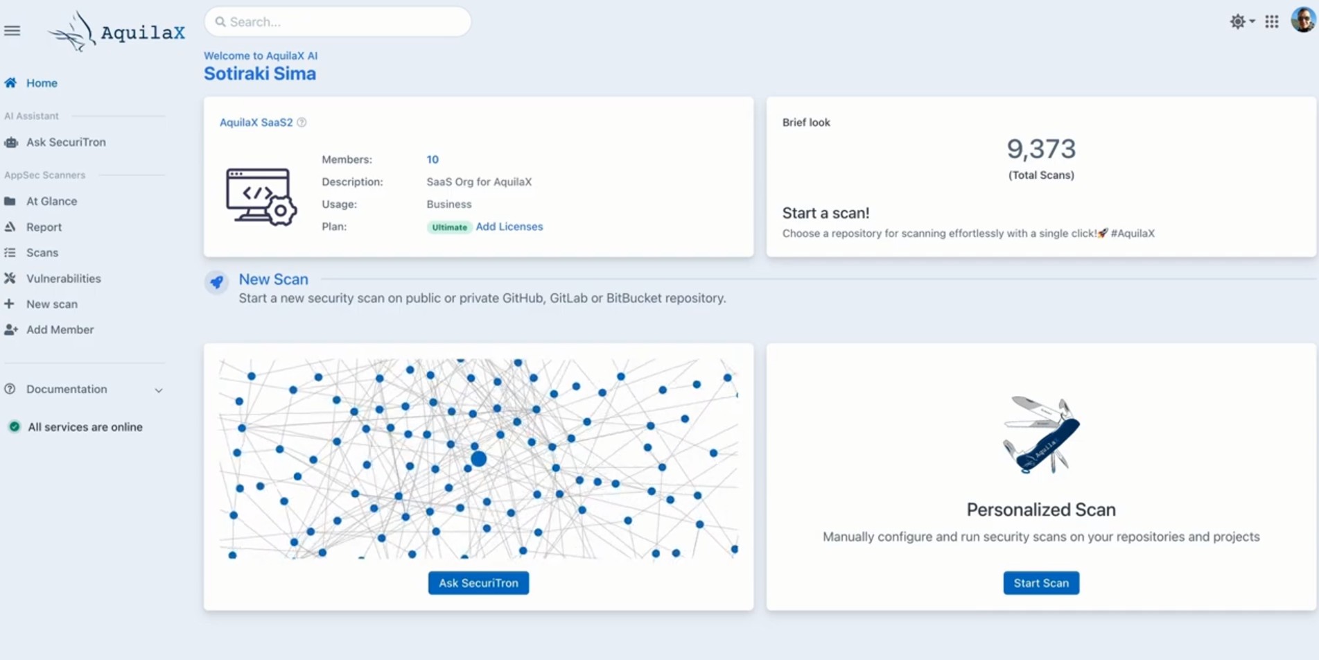AquilaX interface screenshot showing CMS security dashboard
