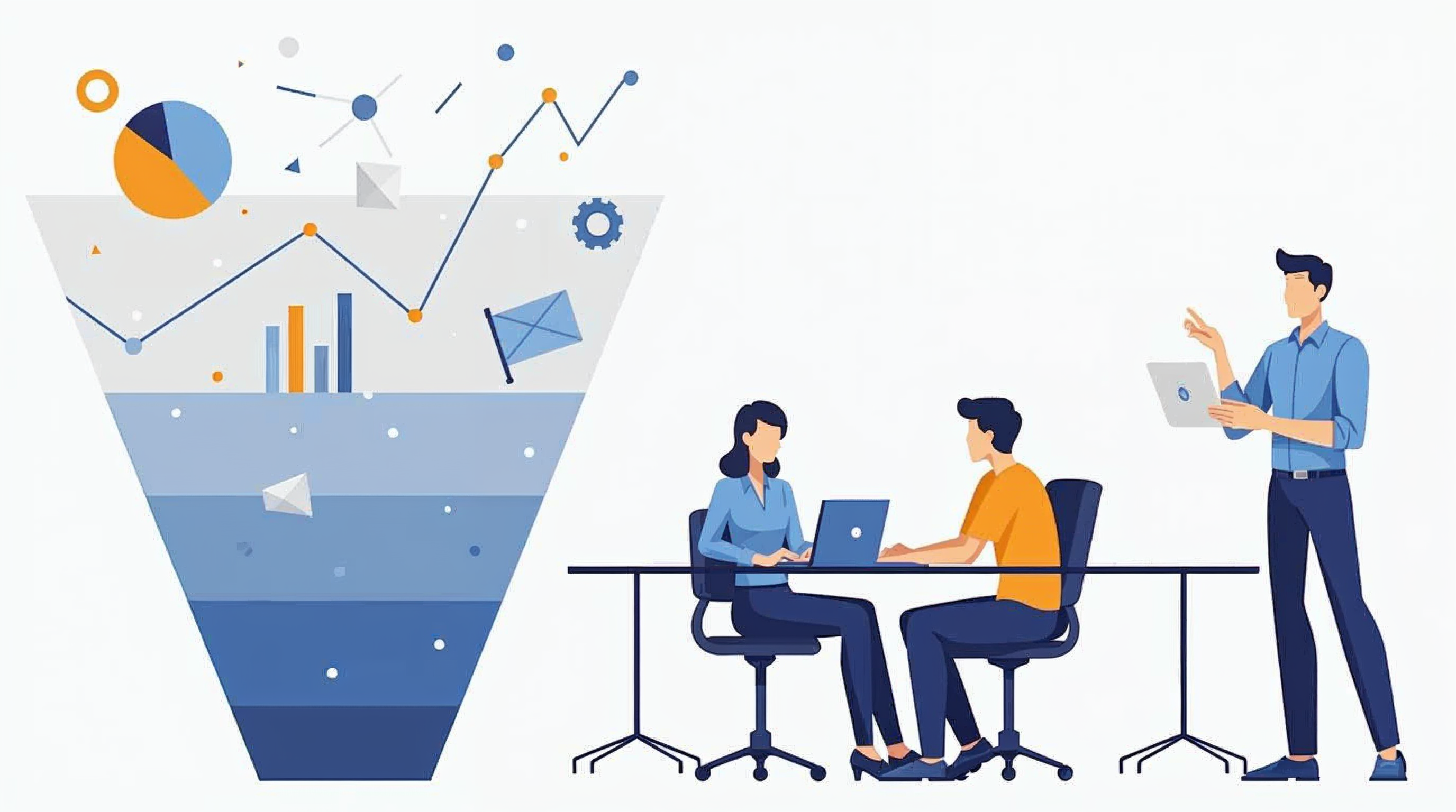 People at a desk discussing funnel metrics and marketing automation.