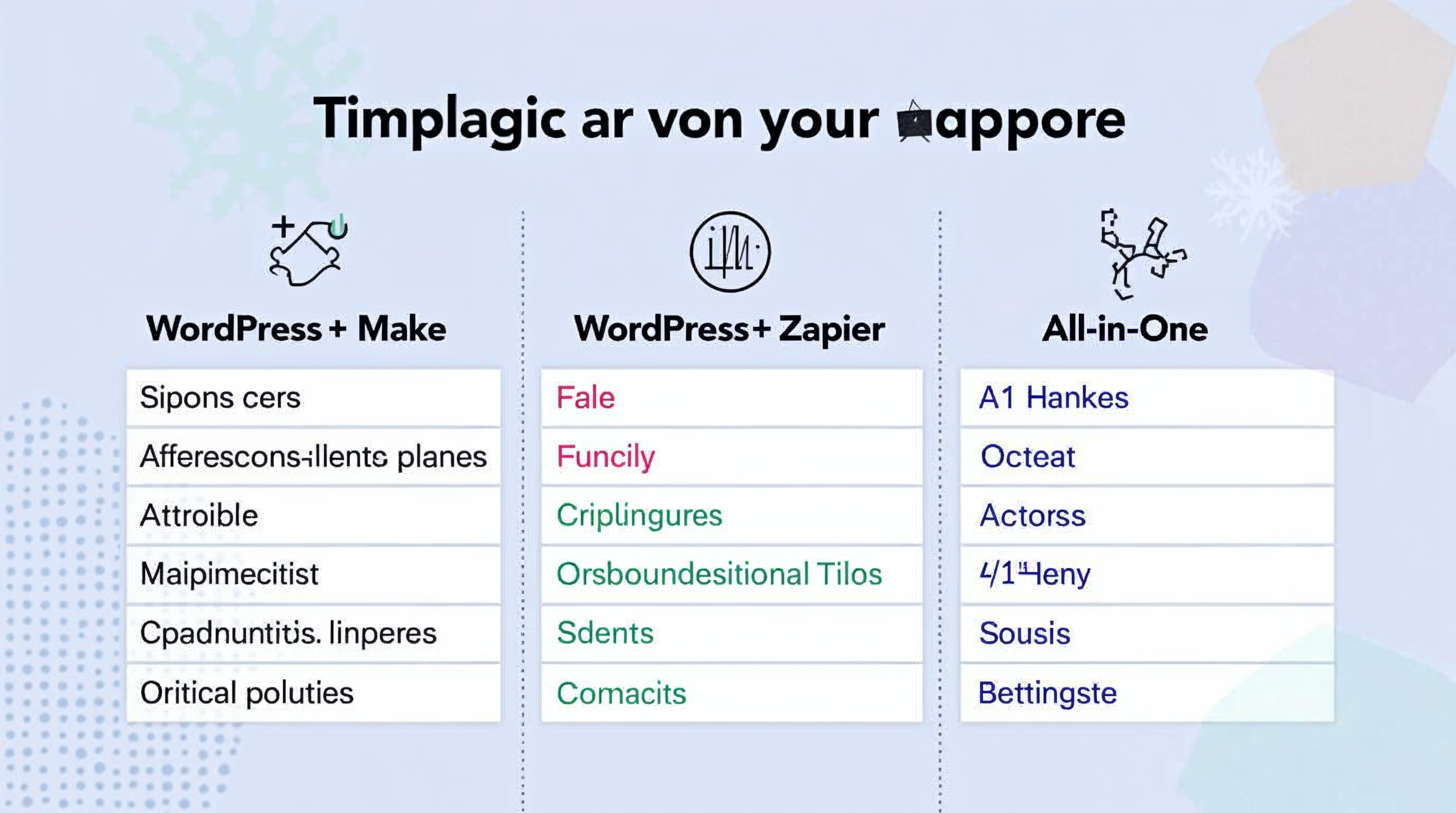 table comparing WordPress+Make, WordPress+Zapier, and All-in-One solutions.