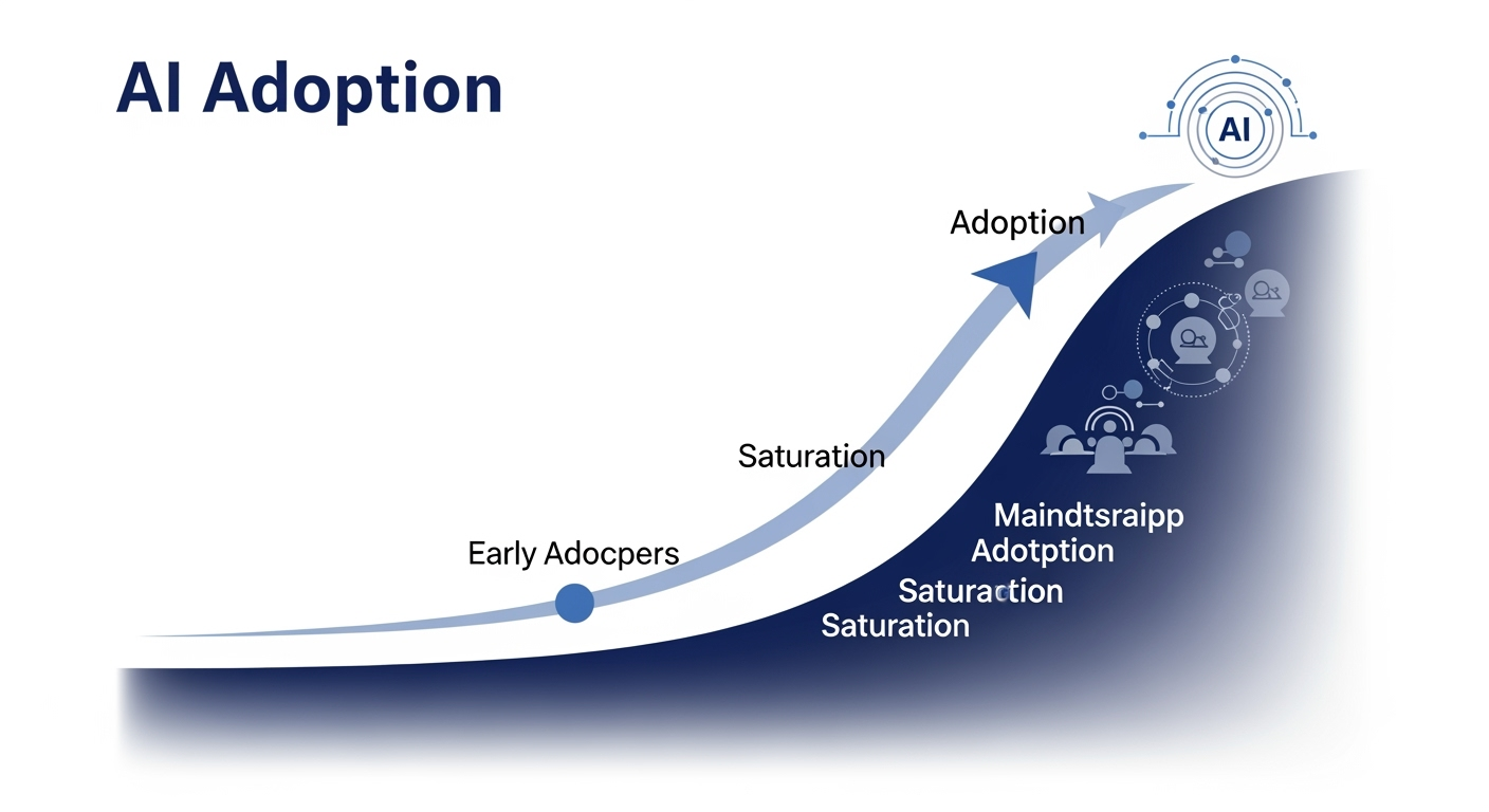 S curve graph showing AI adoption progression with early adopters, mainstream adoption phase, and eventual saturation